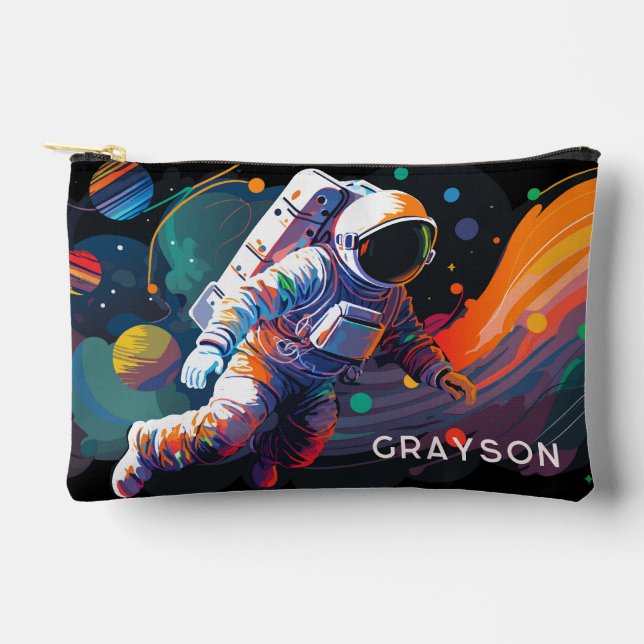 Colourful Modern Astronaut Space Personalized Name Accessory Pouch (Front)