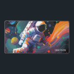 Colourful Modern Astronaut Space Personalized Name Desk Mat<br><div class="desc">Colourful Modern Astronaut Space Personalized Name Desk Mat features an astronaut floating though outer space with colourful planets and swishes and personalized with your name in modern script typography. Perfect as a gift for space lovers, family and friends for birthday, Christmas, holidays, Father's Day, brother, husband, partner, best friends, work...</div>