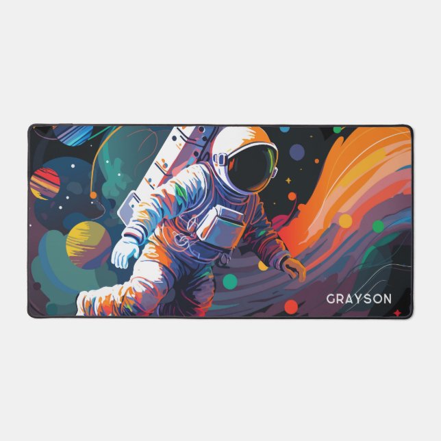 Colourful Modern Astronaut Space Personalized Name Desk Mat (Front)