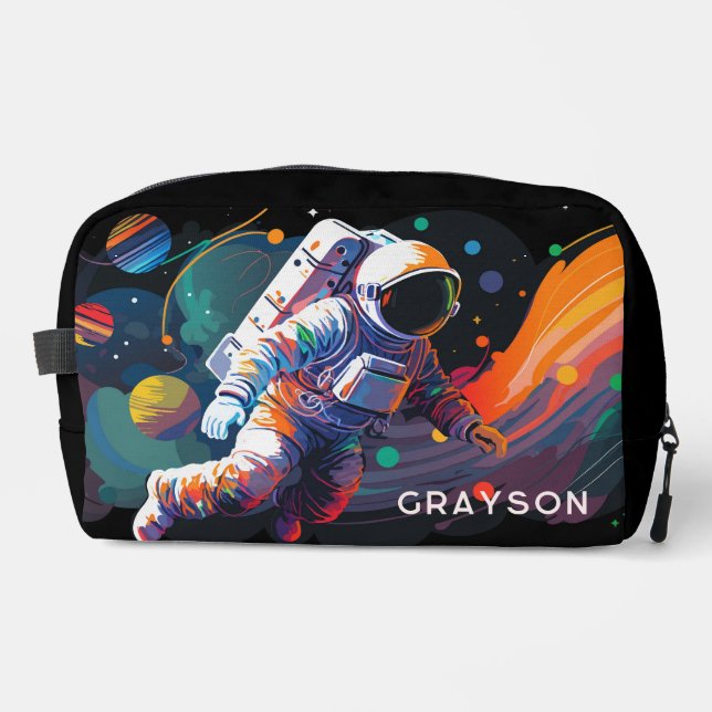 Colourful Modern Astronaut Space Personalized Name Dopp Kit (Front)
