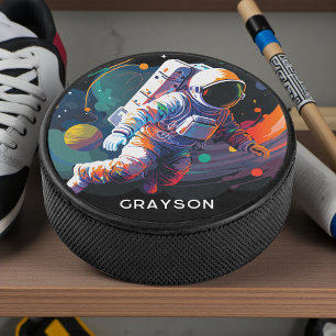 Colourful Modern Astronaut Space Personalized Name Hockey Puck