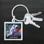 Colourful Modern Astronaut Space Personalized Name Keychain<br><div class="desc">Colourful Modern Astronaut Space Personalized Name Keychain features an astronaut floating though outer space with colourful planets and swishes and personalized with your name in modern script typography. Perfect as a gift for space lovers, family and friends for birthday, Christmas, holidays, Father's Day, brother, husband, partner, best friends, work colleagues...</div>