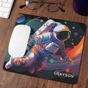 Colourful Modern Astronaut Space Personalized Name Mouse Pad