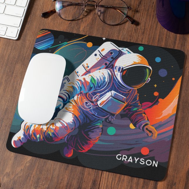 Colourful Modern Astronaut Space Personalized Name Mouse Pad (Creator Uploaded)