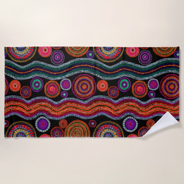 Colourful Modern Australian Dot Art Tribal Pattern Beach Towel (Front)