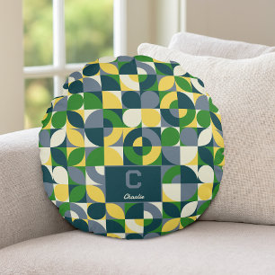 Colourful Modern Bauhaus Abstract Geometric Patter Round Pillow