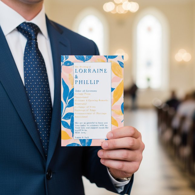 Colourful Modern Botanical blue yellow Wedding Program (Colorful Modern Botanical blue yellow Wedding Program.)