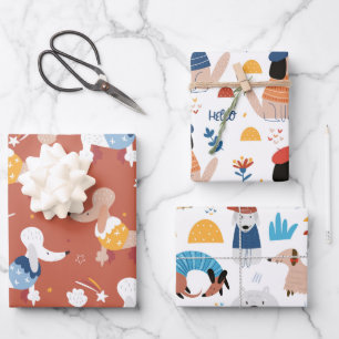 Colourful, modern cartoon illustrated dog  wrapping paper sheet