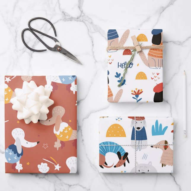Colourful, modern cartoon illustrated dog  wrapping paper sheet (Front)