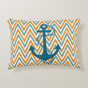 Colourful Modern Chevron With Blue Nautical Anchor Decorative Pillow