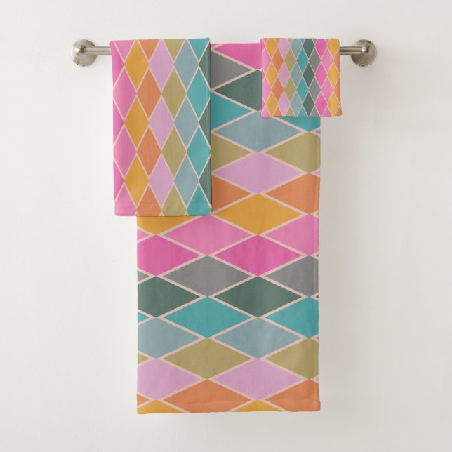 Colourful Modern Diamond Shapes Geometric Pattern  Bath Towel Set (Insitu)