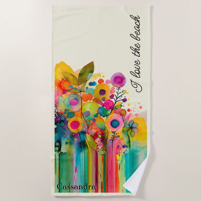 Colourful Modern Floral I Love the Beach Towel (Front)