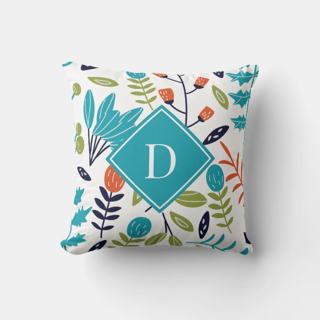 Colourful Modern Floral Pattern Monogram Throw Pillow (Front)