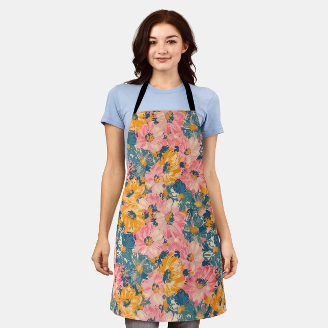 Colourful Modern Flowers Floral Pattern Apron (Worn)
