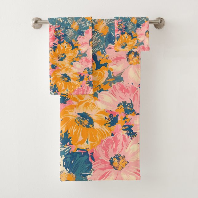 Colourful Modern Flowers Floral Pattern Bath Towel Set (Insitu)