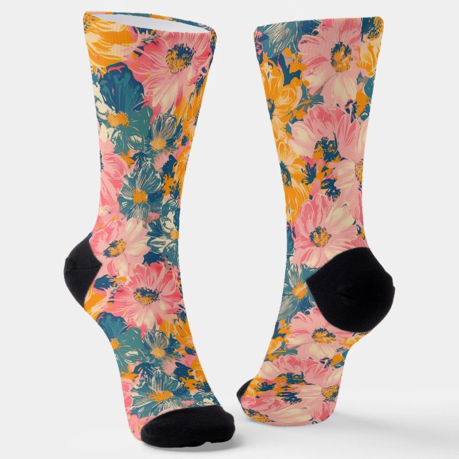 Colourful Modern Flowers Floral Pattern Socks (Angled)
