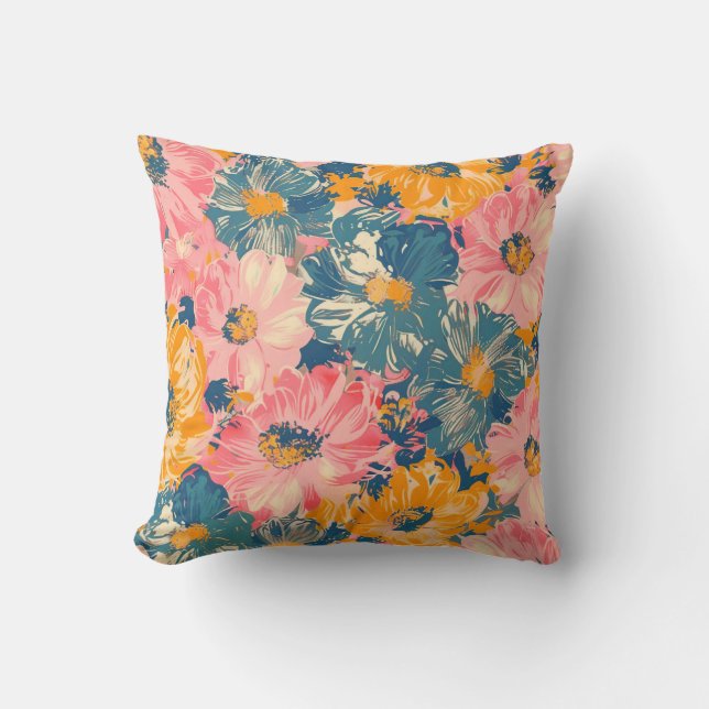 Colourful Modern Flowers Floral Pattern Throw Pillow (Front)