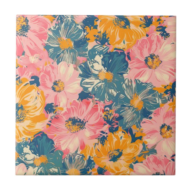 Colourful Modern Flowers Floral Pattern Tile (Front)