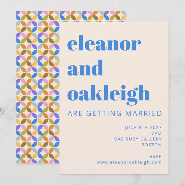 Colourful Modern Geometric Blue Typography Wedding Invitation (Front/Back)