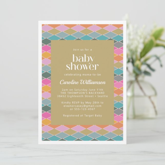 Colourful Modern Geometric Diamonds Baby Shower Invitation (Standing Front)