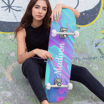 Colourful Modern Girly Blue Pink Liquid Marble Skateboard<br><div class="desc">This modern design features a colourful liquid marble pattern in pink,  purple and blue with your personalized name. Personalize by editing the text in the text box provided. #skate #skater #skateboards #skaterlife #cool #tropicool #sports #outdoor #fun</div>