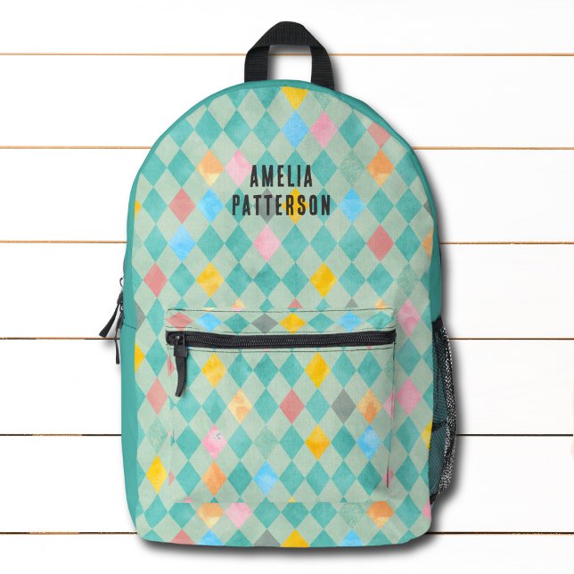 Colourful Modern Girly Diamond Pattern Personalize Printed Backpack (Creator Uploaded)