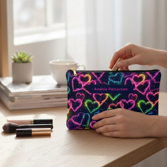 Colourful Modern Girly Neon Love Heart Personalize Accessory Pouch (Creator Uploaded)