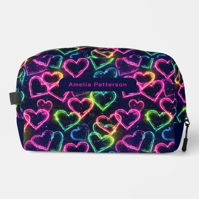 Colourful Modern Girly Neon Love Heart Personalize Dopp Kit (Front)