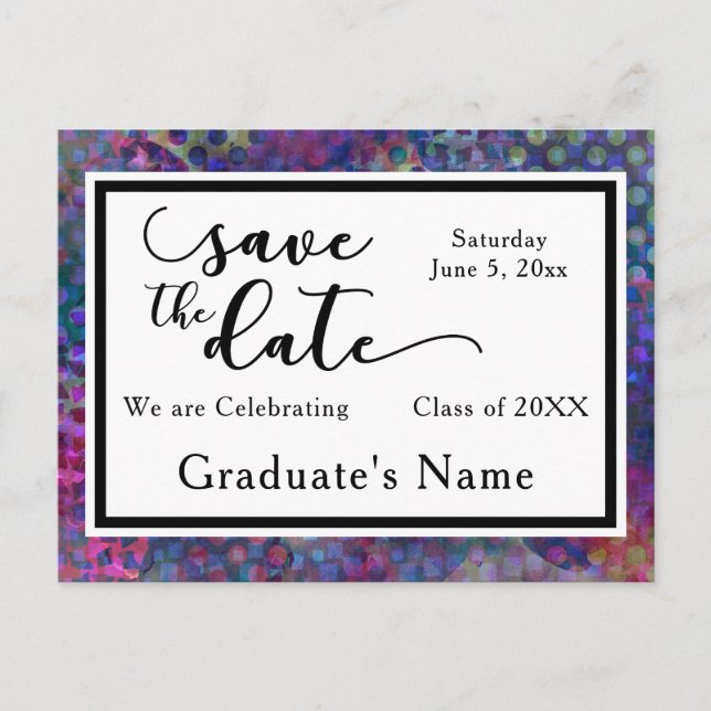 Colourful Modern Graphic Graduation Save the Date Postcard (Front)