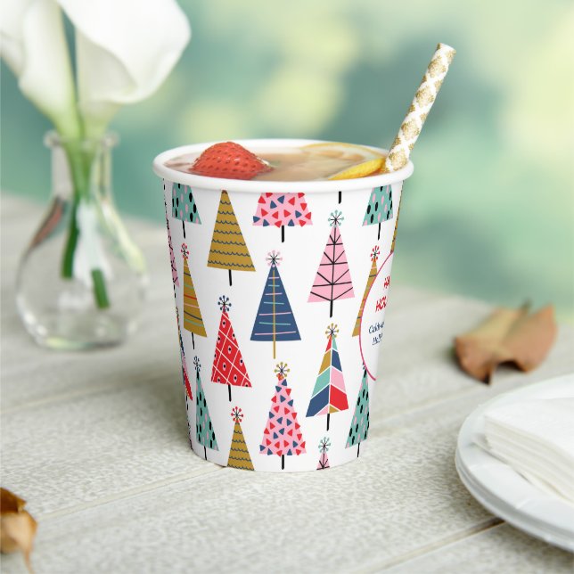 Colourful Modern Holiday Trees Pattern Paper Cups (Insitu)