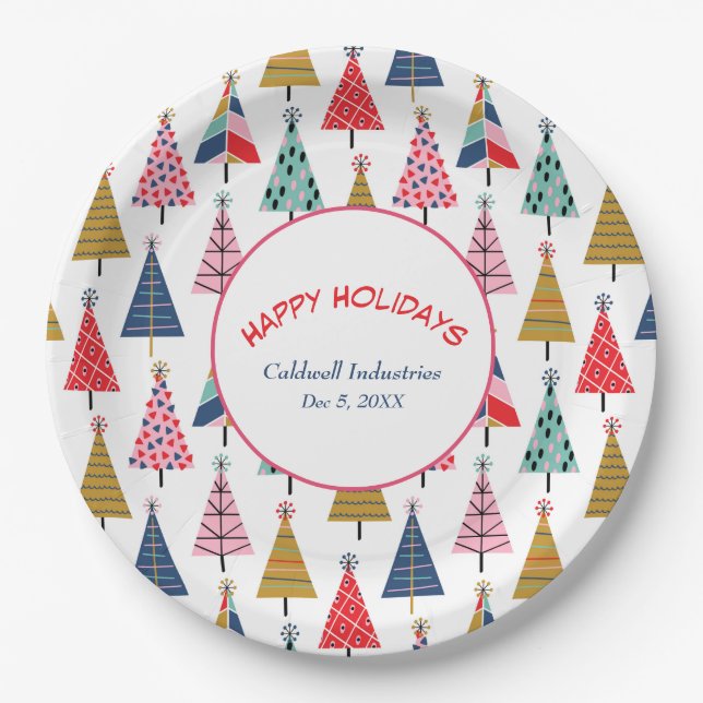 Colourful Modern Holiday Trees Pattern Paper Plate (Front)
