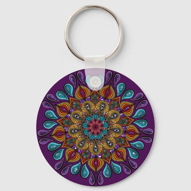  Colourful Modern Mandala Trippy Psychedelic Hippi Keychain (Front)