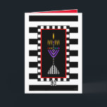 Colourful Modern Menorah Greeting Card<br><div class="desc">A very colourful and modern menorah is superimposed over bold black and white stripes. Interior card reads "Shabbat Shalom!" and is bordered and coordinated for your writing pleasure. ~ karyn</div>