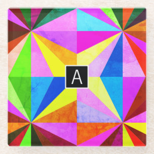 Colourful Modern Multi-Coloured Geometric   Monogr Glass Coaster