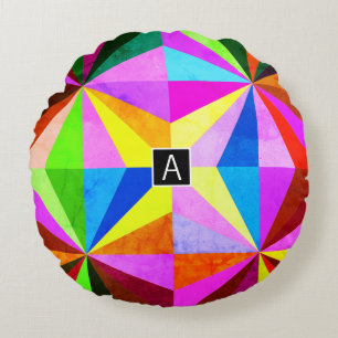 Colourful Modern Multi-Coloured Geometric   Monogr Round Pillow