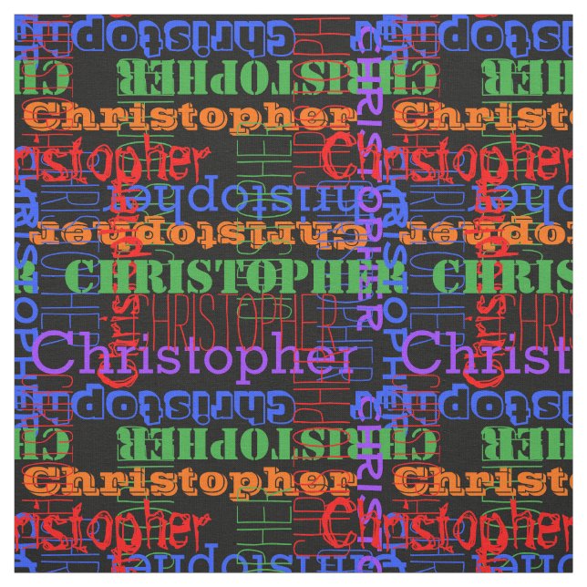Colourful Modern Name Collage Rainbow Black Fabric (Swatch)