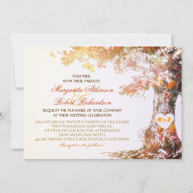 colourful modern oak tree wedding invitations (Front)