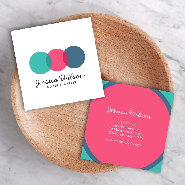 Colourful Modern Overlap Circles Teal Pink Blue Square Business Card (Creator Uploaded)