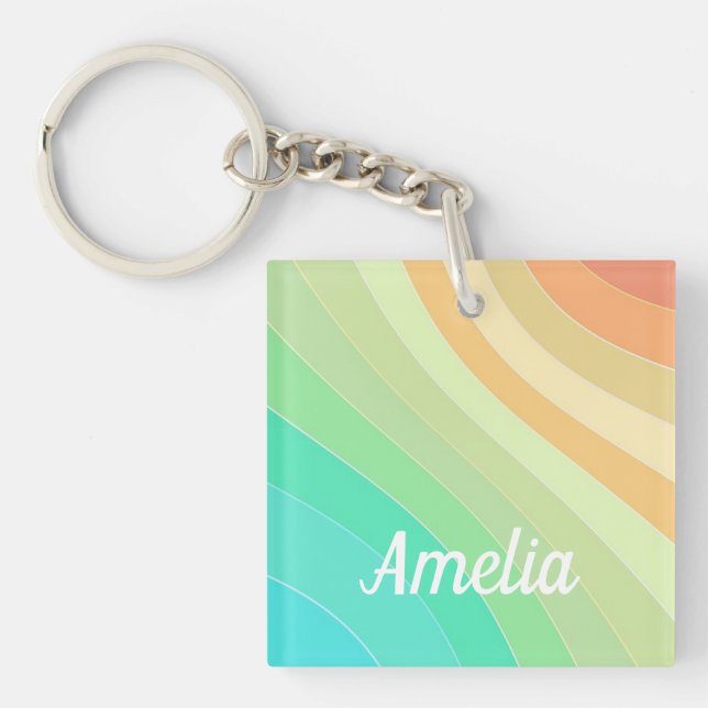Colourful Modern Pastel Waves Pattern Personalised Keychain (Front)