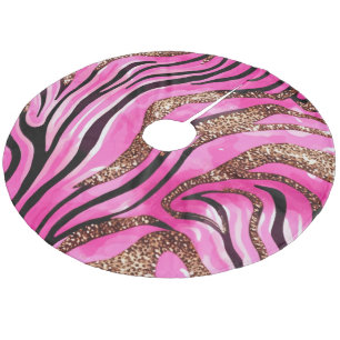 Colourful Modern Pink Glitter Tiger Stripes Patter Fleece Tree Skirt