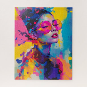 Colourful Modern Portrait Women in Pink glasses Jigsaw Puzzle