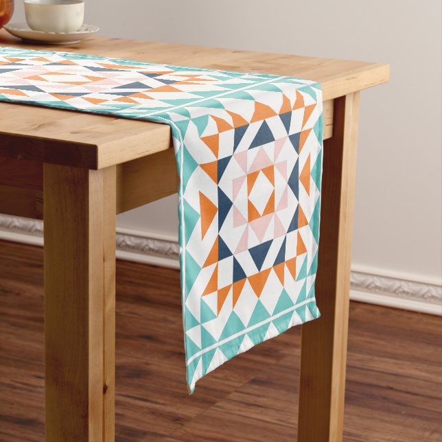 Colourful Modern Quilt Block Geometric Pattern Short Table Runner (In Situ)