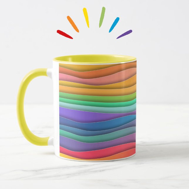 Colourful Modern Rainbow Ombre Stripes Pattern Mug (A cheerful, colorful rainbow stripes mug to brighten up your day! Choice of handle colors available.)