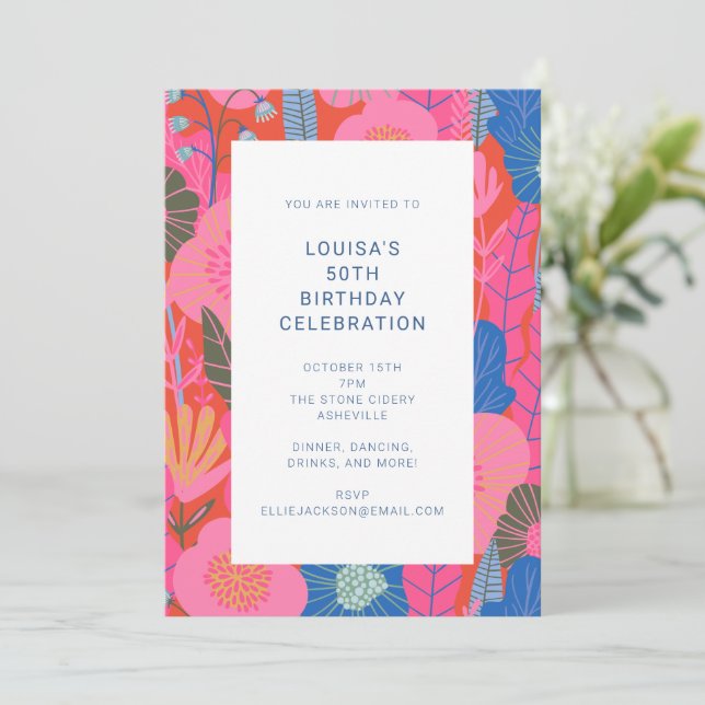 Colourful Modern Red Floral 50th Birthday Party Invitation (Standing Front)