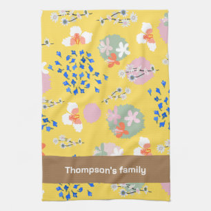 Colourful modern retro flower pattern with name kitchen towel