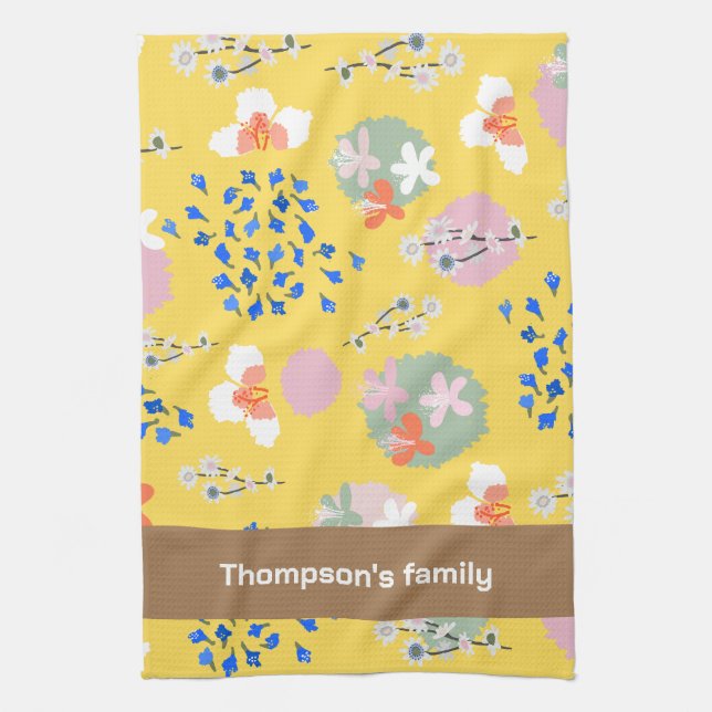 Colourful modern retro flower pattern with name kitchen towel (Vertical)