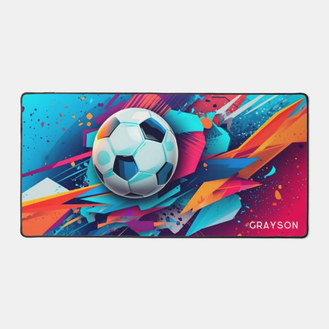 Colourful Modern Soccer Sport Personalized Name Desk Mat (Front)