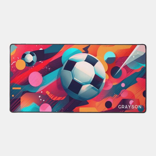 Colourful Modern Soccer Sport Personalized Name Desk Mat (Front)