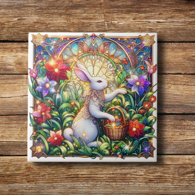Colourful Modern Stained Glass Rabbit Easter Decor Tile (Creator Uploaded)