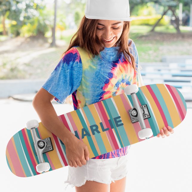 Colourful Modern Stripes Custom Personalized Name Skateboard (Creator Uploaded)